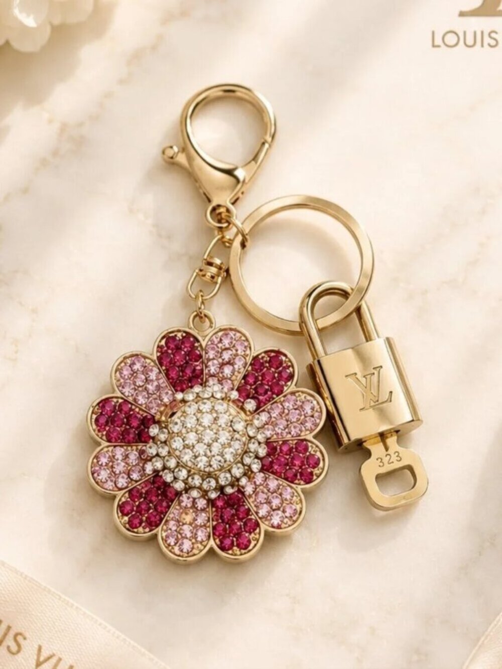 LV Authentic Gold Lock & Key 🔑 Luxury Bag Charm w/ Unbranded Flower Keychain